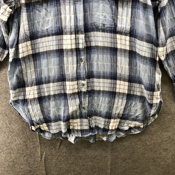 H&M Oversized Gauze Shirt Womens L Blue Plaid Overshirt Long Sleeve Cotton - Picture 4 of 9